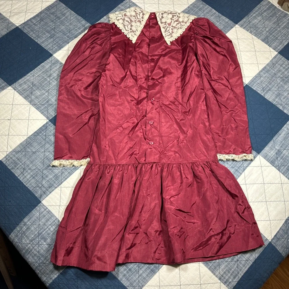 Vintage Peaches n Cream Burgundy Lace Collar Drop Waist Dress Kids Size 10 4702H